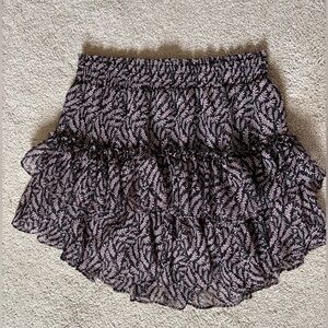 MISA Los Angeles Tiered Ruffled Mini Skirt with Pink Leaf Print on Black